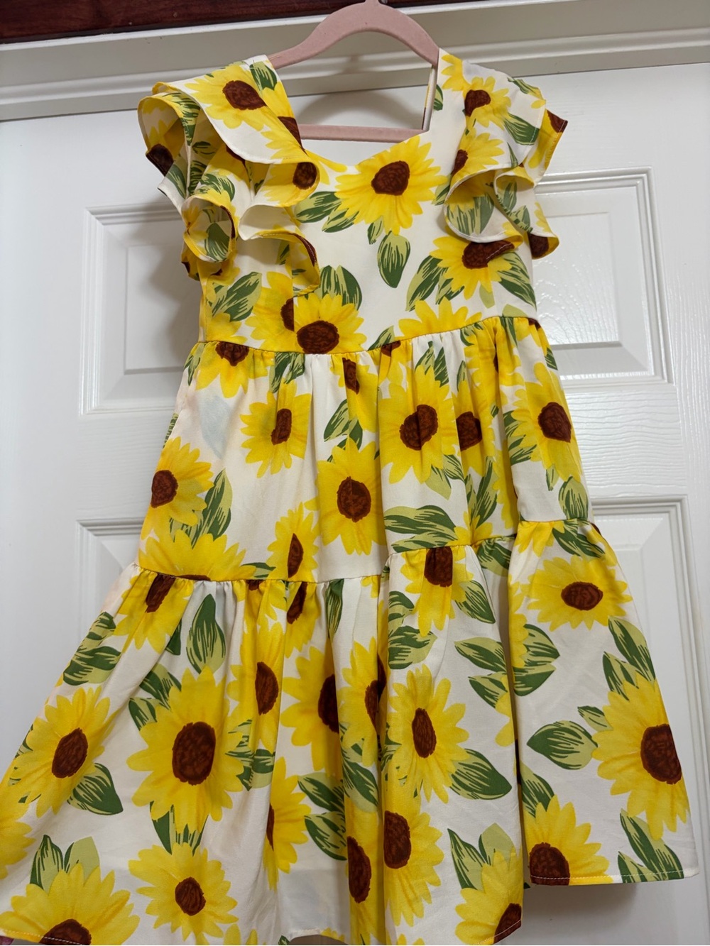 Ivy City Co mini Trixie Yellow Sunflower Tiered Dress with Green Leaves